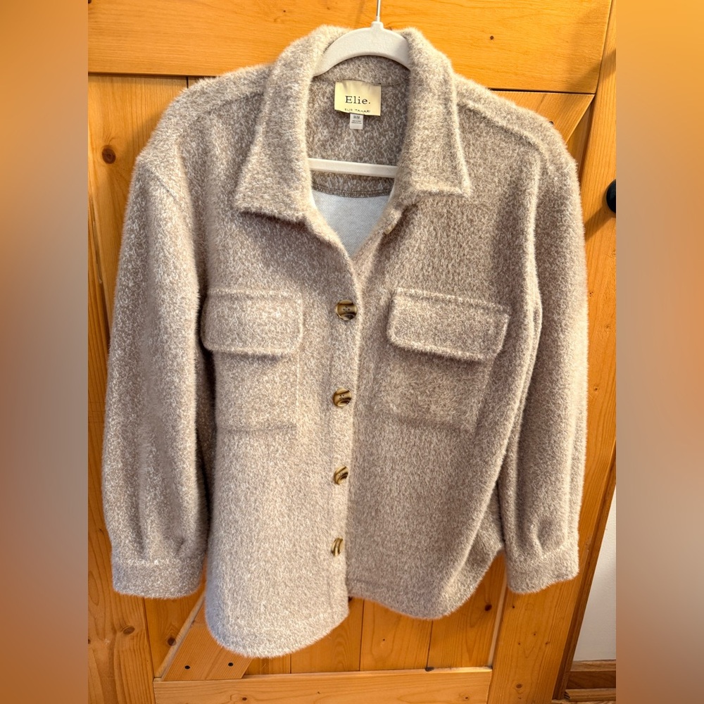 Elie Tahari Plush Button-Up Teddy Jacket in Light Taupe